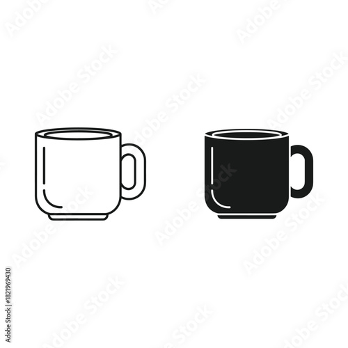 Two simple line art icons of a coffee mug one white and one black