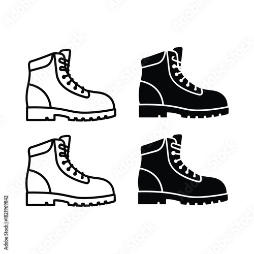 Set of four hiking boots in outline and silhouette styles