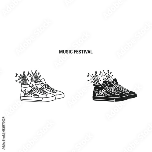 Artistic illustration of two high top sneakers with floral elements and the words music festival