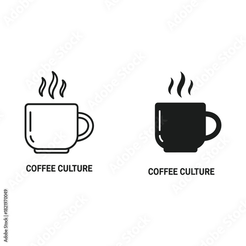 Two coffee cups one outlined and one solid black with steam rising