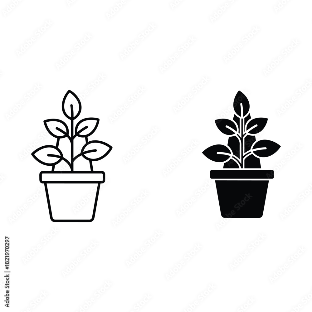 Obraz premium Two simple icons of a potted plant in outline and solid fill styles
