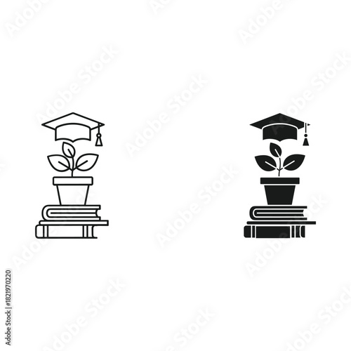 Growth and education concept with plant and graduation cap on books