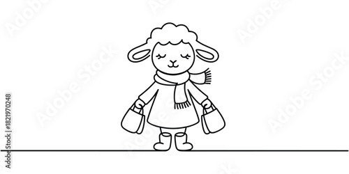 Cute cartoon sheep wearing a scarf and boots holding shopping bags lamb drawing