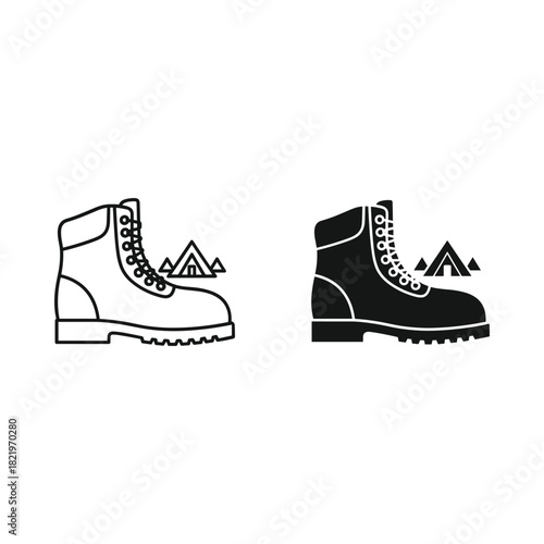 Two styles of hiking boot icons with mountain symbol in black and white