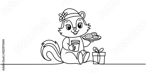 Cute Christmas Squirrel Holding Cookies Line Art with Gift Holiday Design Vector
