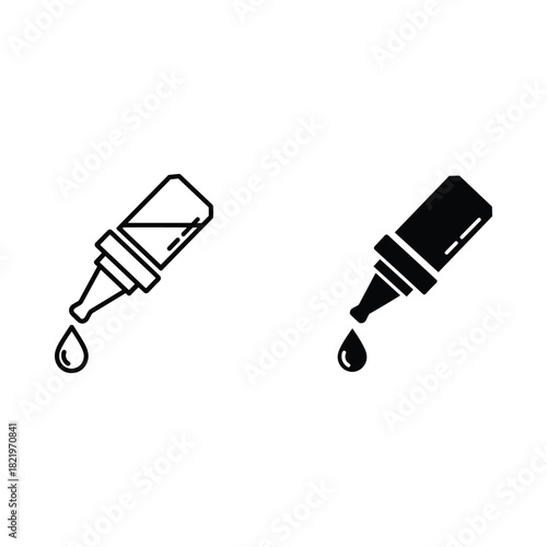 Two simple hand drawn icons of a dropper bottle with a drop falling