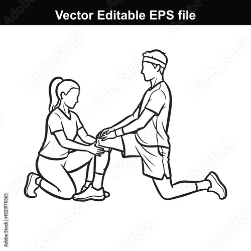 Physical therapist assisting a patient with a knee rehabilitation exercise, isolated on white background