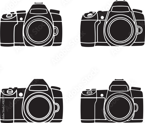 Four Black Silhouette DSLR Cameras On White Background Keywords: camera, dslr, slr