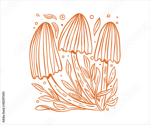 Simple line illustration a cute woodland mushroom. retro sketch elements with a clean white background and a hint of mossy forest atmosphere for a calm natural look.