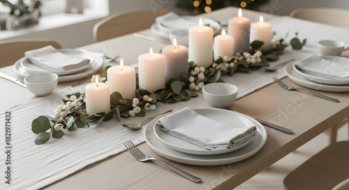 Festive table setting with candles and white berry garland elegant holiday dinner arrangement cozy home interior decor seasonal table decoration inviting setting