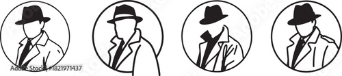 Four Black Silhouette Icons Of Detectives In Hats Keywords: detective, spy, investigator