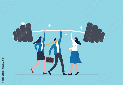 Teamwork to support for success, cooperate or collaboration to achieve strength, help or togetherness for business solution concept, business people office team help lifting heavy weight successfully.