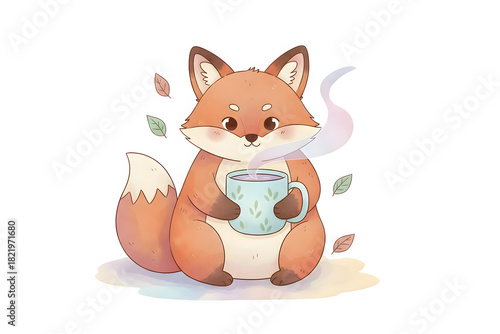 a fox holding a mug of tea against white background