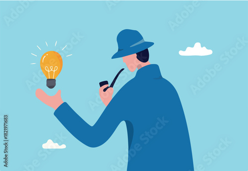 Finding idea, solution or search for new opportunity, discover new invention idea, creativity, innovation or curiosity concept, detective man hold bright lightbulb idea think to solve problem.