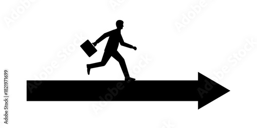 Businessman Running on Arrow toward Success Silhouette. Goal Achievement and Success Business Concept.   