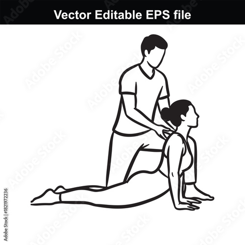 Line art illustration of a yoga instructor assisting a woman in the cobra pose, isolated on white background