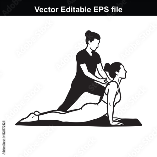 Silhouette of two women practicing yoga, one assisting the other in a cobra pose, isolated on white background