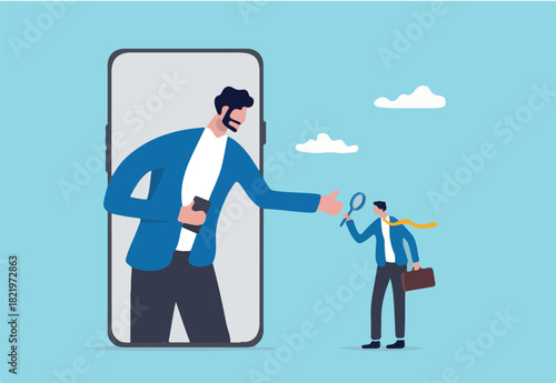 KYC, Know your customer process to identify user in online banking, cryptocurrency trading or cyber transaction concept, businessman using magnifying glass to analyze, identify user on smartphone app