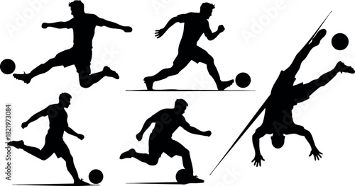 Soccer players silhouette vector collection kicking running and saving ball