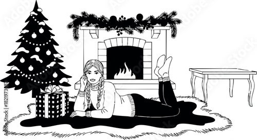 Woman relaxing by fireplace with christmas tree and gifts