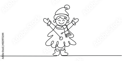 Christmas girl vector line art wearing festive outfit with scarf and Santa hat