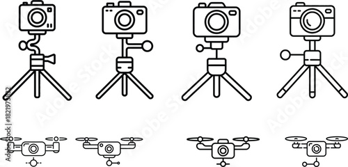 Collection of hand drawn cameras on tripods and drones