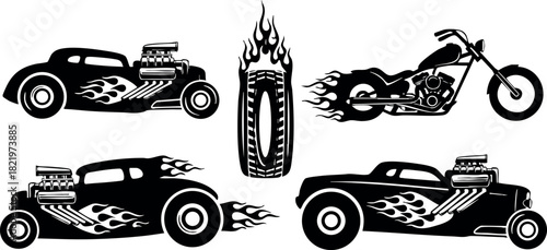 Vintage hot rod cars and flaming motorcycle with burning tire vector illustration
