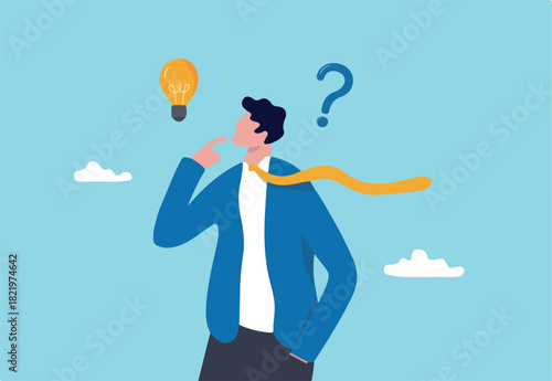 Solution to solve problem, asking question and answer, discover idea, solving business difficulty concept, thoughtful businessman think of solution to solve problem with lightbulb and question mark.