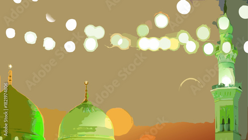 Green domes and minaret under blurred lights sky