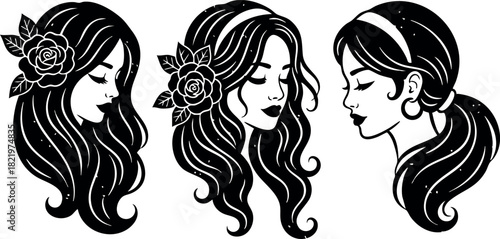 Elegant female silhouettes with floral and retro hairstyles