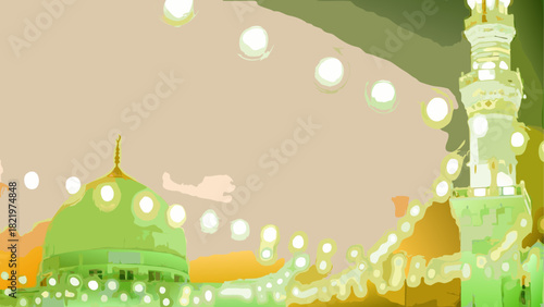 Illustration of a mosque with dome and minaret
