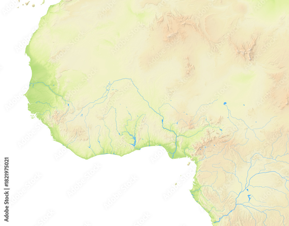 Naklejka premium Map of West Africa showing the isolated landmasses with relief representation, rivers, lakes. No boundaries. No labels at all.
