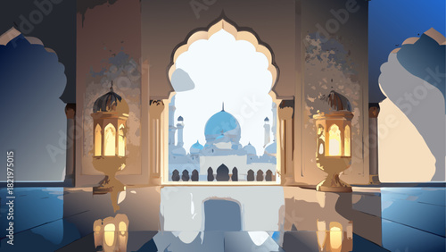 Interior view of a mosque with hanging lanterns