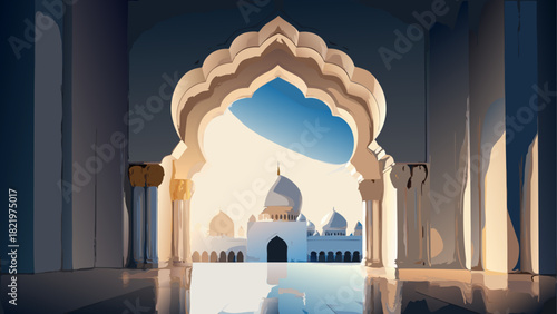 View of mosque through archway in grand building