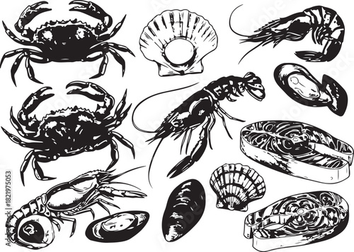 Crab and Lobster Vector Pattern Illustration Seamless Seafood Design Icons