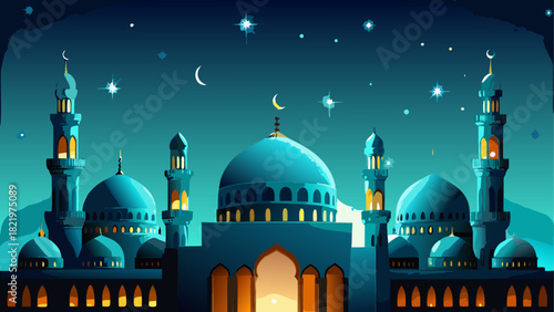 Illustration of a mosque at night with stars and moon