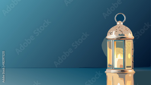 A golden lantern sits on a reflective surface