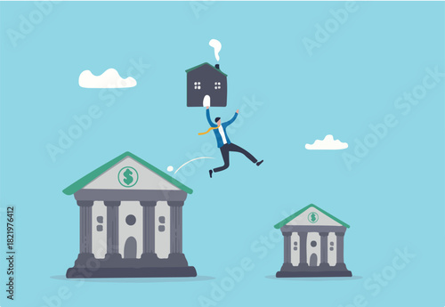 Refinance change mortgage agreement to new bank, replace debt obligation with better interest rate, housing loan or real estate investment concept, businessman with his house jump to new bank. 