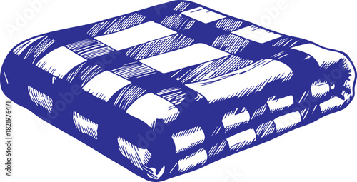 Blue 3D gift box with red ribbon on white background with travel and transportation elements