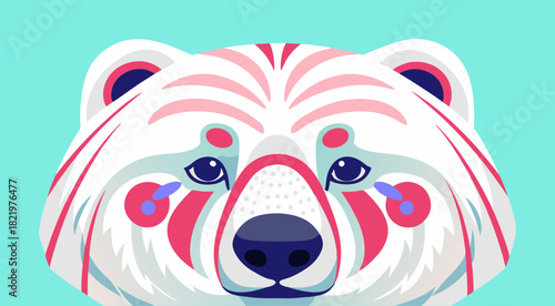 Polar bear's head close-up,  folk art style, for winter holidays designs,, removable vibrant background