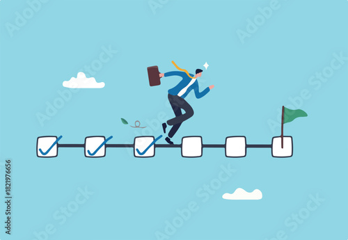 Project management, task tracking or work progress, tracking finish or completed tasks, planning or productivity concept, businessman project manager running on completed checkbox to reach goal.