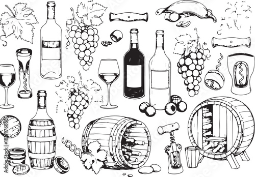 Wine bottle and glass with a set of wine bottles illustration in a bar and restaurant style