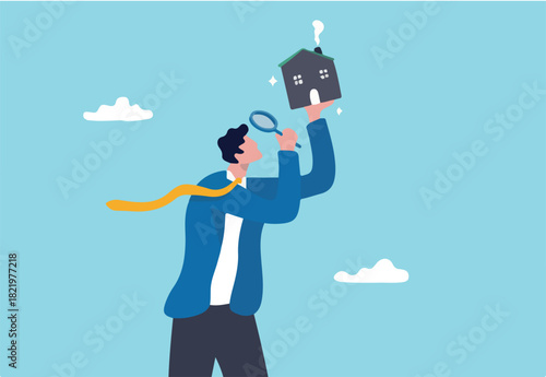 House inspection, home, property and real estate price evaluation, mortgage and loan analysis, search for housing investment concept, curios businessman using magnifying glass to see house details.