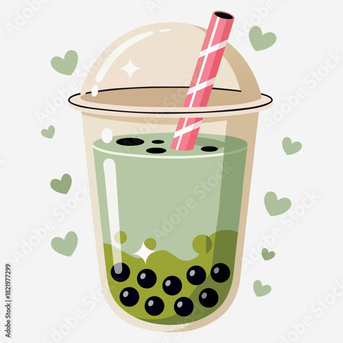 Cute matcha bubble tea illustration with tapioca pearls and hearts Vector