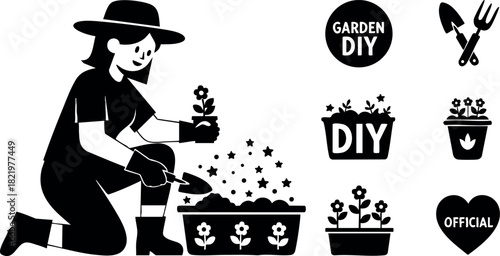 Woman gardening with plants and flowers vector illustration