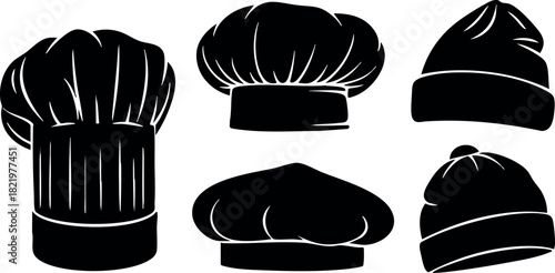 Black silhouette chef hats and beanies vector illustration
