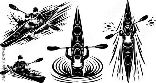 Kayaking sport vector illustration with paddler on water in motion