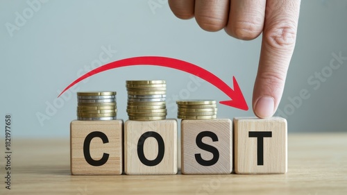 Human finger points to a downward trending red arrow above wooden blocks spelling the word cost with decreasing stacks of metal currency