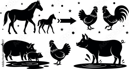Farm animal silhouettes including horse foal chicken rooster pig piglets and cow in black vector