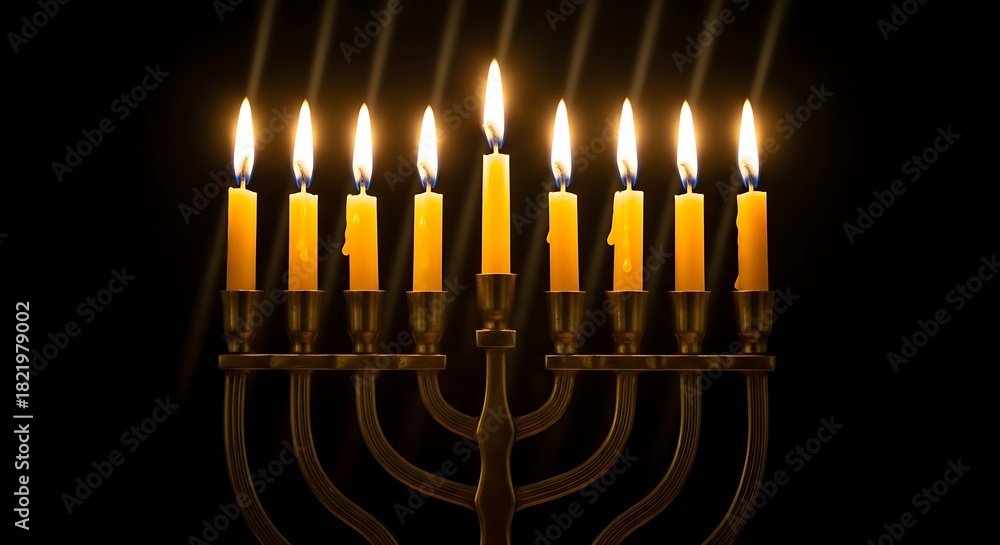 Fototapeta premium Hanukkah menorah with nine lit candles against a dark background